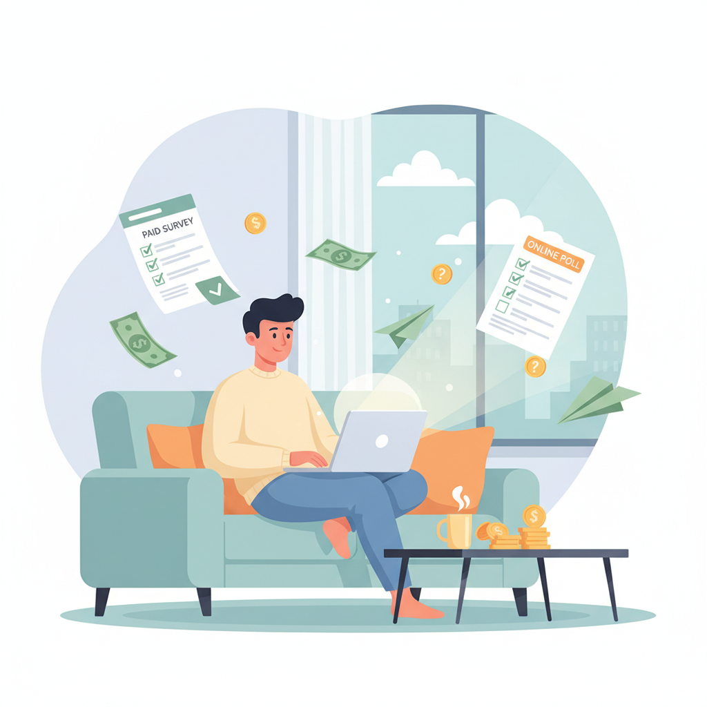 Persona utilizando su computadora para completar encuestas pagadas online con diseño profesional, plataformas de encuestas, trabajo desde casa y ganar dinero extra.